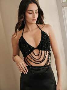 Anewsta Luxury Black Beaded Multi-Layer Tassel Strapless Backless Crop Top, Swimsuit Cover Up - Black - View 4