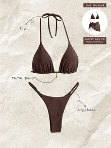 SHEIN Swim Springbreak Women's Solid Color Halter Metal Pendant Swimwear Sexy Thong Bikini Set - Coffee Brown - View 2