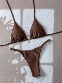 SHEIN Swim Springbreak Women's Solid Color Halter Metal Pendant Swimwear Sexy Thong Bikini Set - Coffee Brown - View 4