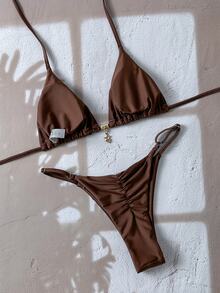 SHEIN Swim Springbreak Women's Solid Color Halter Metal Pendant Swimwear Sexy Thong Bikini Set - Coffee Brown - View 3