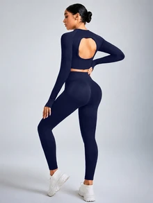 SHEIN Sports Women Solid Color Open Back Seamless Sports Set Gym Set Workout Women Set Women Leggings Setgym Set - Navy Blue - View 8
