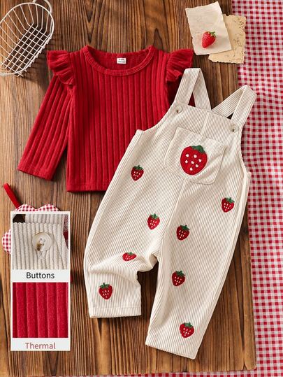 SHEIN Baby Girl Strawberry Red Corduroy Jumpsuit Set, Autumn/Winter Thickened Heart Embroidery Jumpsuit + Brushed Knit Undershirt, 2 Pieces Set, New Cute Baby Girl Clothing