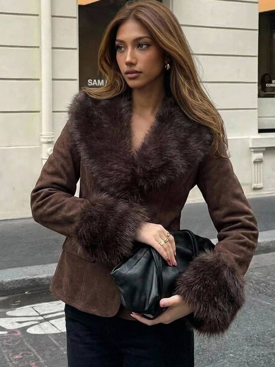 Aloruh Women's Long Sleeve Slim Fit Elegant Coffee Color Faux Fur Jacket,New Fall Styles Fur Trim Coat Short Blazer Winter Clothes - Coffee Brown - View 1
