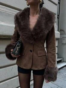 Aloruh Women's Long Sleeve Slim Fit Elegant Coffee Color Faux Fur Jacket,New Fall Styles Fur Trim Coat Short Blazer Winter Clothes - Coffee Brown - View 3