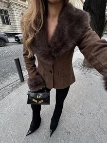 Aloruh Women's Long Sleeve Slim Fit Elegant Coffee Color Faux Fur Jacket,New Fall Styles Fur Trim Coat Short Blazer Winter Clothes - Coffee Brown - View 4