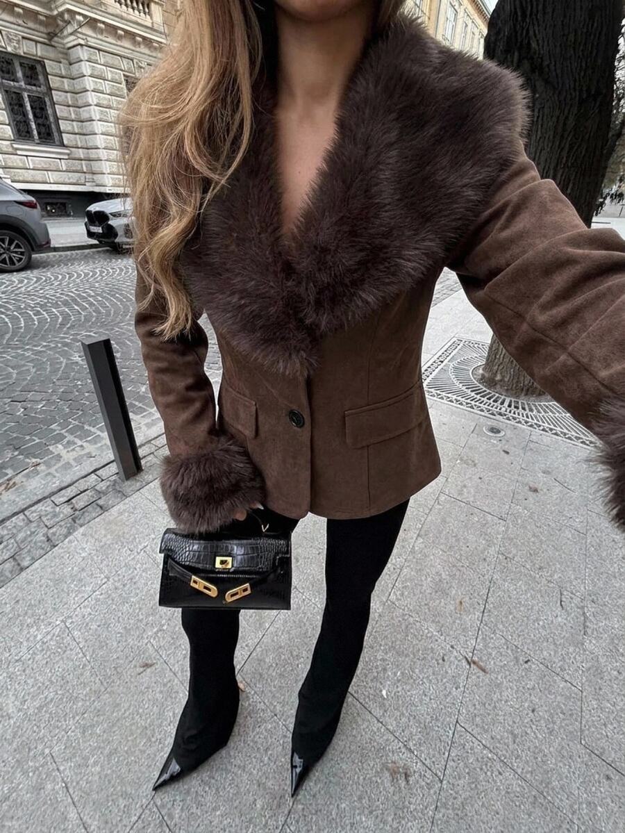 Aloruh Women's Long Sleeve Slim Fit Elegant Coffee Color Faux Fur Jacket,New Fall Styles Fur Trim Coat Short Blazer Winter Clothes