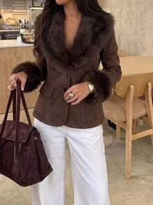 Aloruh Women's Long Sleeve Slim Fit Elegant Coffee Color Faux Fur Jacket,New Fall Styles Fur Trim Coat Short Blazer Winter Clothes - Coffee Brown - View 8