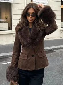 Aloruh Women's Long Sleeve Slim Fit Elegant Coffee Color Faux Fur Jacket,New Fall Styles Fur Trim Coat Short Blazer Winter Clothes - Coffee Brown - View 7