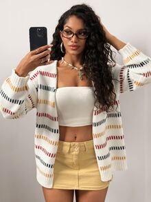 BamGleam Women's Cream Contrast V-Neck Long Sleeve Casual Preppy Y2K Cardigan Sweater, Fall/ New Outfit Everyday Travel - Multicolor - View 8