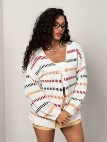 BamGleam Women's Cream Contrast V-Neck Long Sleeve Casual Preppy Y2K Cardigan Sweater, Fall/ New Outfit Everyday Travel - Multicolor - View 6