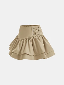Maija Kids Maija Kids Young Girl Casual White Double-Layered Skirt,Ruffle Hem & Side Tie Summer Princess 7th Birthday Back-To-School,Mom And Daughter Sister Matching Wear - Khaki - View 3