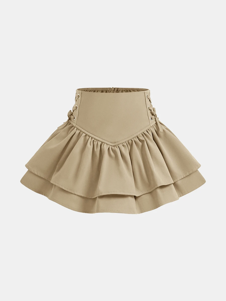 Maija Kids Maija Kids Young Girl Casual White Double-Layered Skirt,Ruffle Hem & Side Tie Summer Princess 7th Birthday Back-To-School,Mom And Daughter Sister Matching Wear - Khaki - View 1
