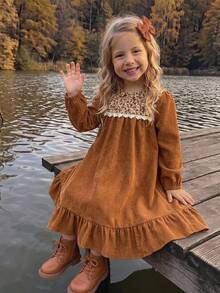 Emery Rose Kids Emery Rose Kids Kids Young Girl Ditsy Floral Round Neck Long Sleeve Ruffle Hem Dress - Coffee - View 2