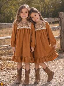 Emery Rose Kids Emery Rose Kids Kids Young Girl Ditsy Floral Round Neck Long Sleeve Ruffle Hem Dress - Coffee - View 3
