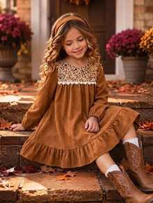 Emery Rose Kids Emery Rose Kids Kids Young Girl Ditsy Floral Round Neck Long Sleeve Ruffle Hem Dress - Coffee - View 1