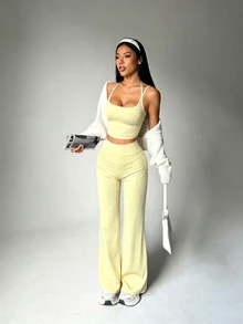 Dewbera Dewbera Solid Color Cropped Camisole & Long Pants Sports Set - Yellow - View 4