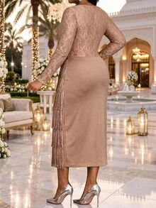Fleurora Women's Plus Size High Waist Multi-Layer Hem Dress Fall - Khaki - View 2