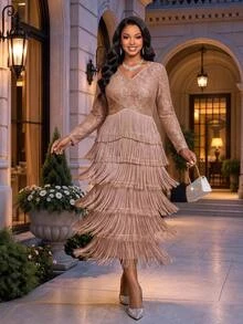 Fleurora Women's Plus Size High Waist Multi-Layer Hem Dress Fall - Khaki - View 3