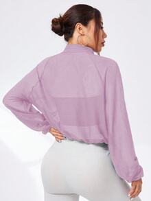 Dewbera Dewbera 女款運動高領透視性感外套，附口袋，休閒運動跑步健身戶外活動長袖外套 - 淡紫色 - 查看 3