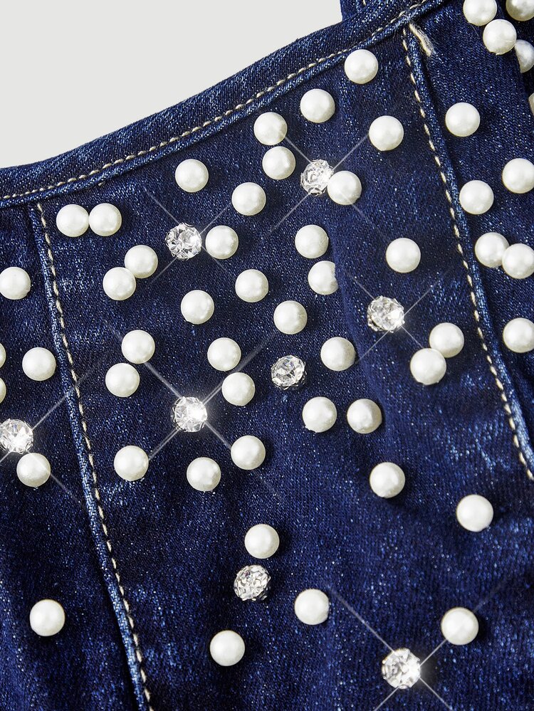 Elenzga Women's Faux Pearl & Rhinestone Decorated Fashion Summer Denim Dress - Blue - View 10