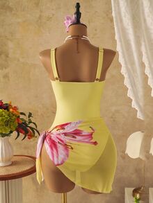 SHEIN Swim 女款印花隨機深V性感連身泳衣 2件組，附網紗罩衫裙，海灘度假性感泳裝 - 黃色 - 查看 5