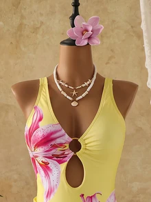 SHEIN Swim 女款印花隨機深V性感連身泳衣 2件組，附網紗罩衫裙，海灘度假性感泳裝 - 黃色 - 查看 4