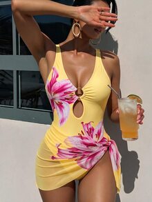 SHEIN Swim 女款印花隨機深V性感連身泳衣 2件組，附網紗罩衫裙，海灘度假性感泳裝 - 黃色 - 查看 1