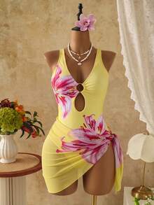 SHEIN Swim 女款印花隨機深V性感連身泳衣 2件組，附網紗罩衫裙，海灘度假性感泳裝 - 黃色 - 查看 2