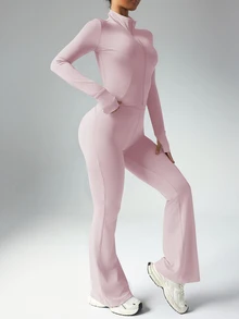 Dewbera Dewbera 女式纯色修身长袖上衣和喇叭裤运动服套装健身房女士健身服女士套装 - 淺粉色 - 查看 9