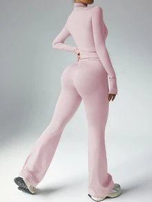 Dewbera Dewbera 女式纯色修身长袖上衣和喇叭裤运动服套装健身房女士健身服女士套装 - 淺粉色 - 查看 3