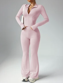 Dewbera Dewbera 女式纯色修身长袖上衣和喇叭裤运动服套装健身房女士健身服女士套装 - 淺粉色 - 查看 4