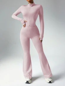 Dewbera Dewbera 女式纯色修身长袖上衣和喇叭裤运动服套装健身房女士健身服女士套装 - 淺粉色 - 查看 5