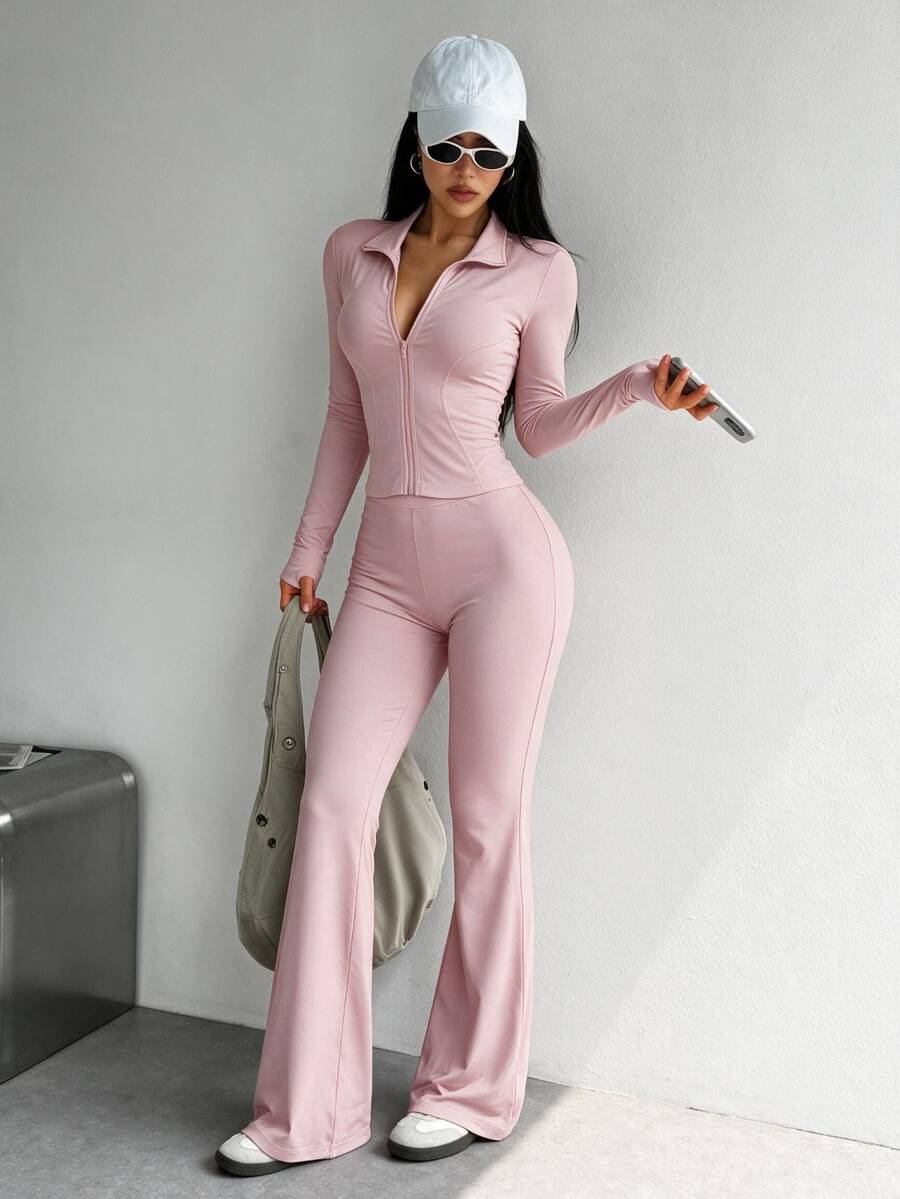 Dewbera Dewbera 女式纯色修身长袖上衣和喇叭裤运动服套装健身房女士健身服女士套装