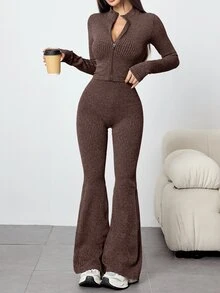 Dewbera Dewbera Conjunto de top corto deportivo con cremallera sin costuras y mallas deportivas de cintura alta para mujer - Marrón - Ver 7