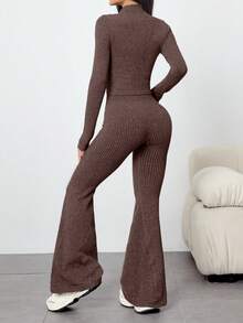 Dewbera Dewbera Conjunto de top corto deportivo con cremallera sin costuras y mallas deportivas de cintura alta para mujer - Marrón - Ver 3