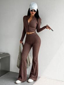 Dewbera Dewbera Conjunto de top corto deportivo con cremallera sin costuras y mallas deportivas de cintura alta para mujer - Marrón - Ver 2