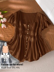 CosyJoli Plus Size Women's Solid Color Button Design Waist T-Shirt, Casual Girlfriend Outing - Brown - View 5