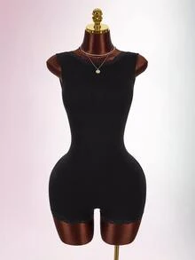 Amplova Women's French Lace Patchwork Fashion Basic Sexy Fitted Romper Unitard Club Night Black Summer - Black - View 13