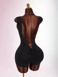 Amplova Women's French Lace Patchwork Fashion Basic Sexy Fitted Romper Unitard Club Night Black Summer - Black - View 11