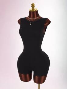 Amplova Women's French Lace Patchwork Fashion Basic Sexy Fitted Romper Unitard Club Night Black Summer - Black - View 7