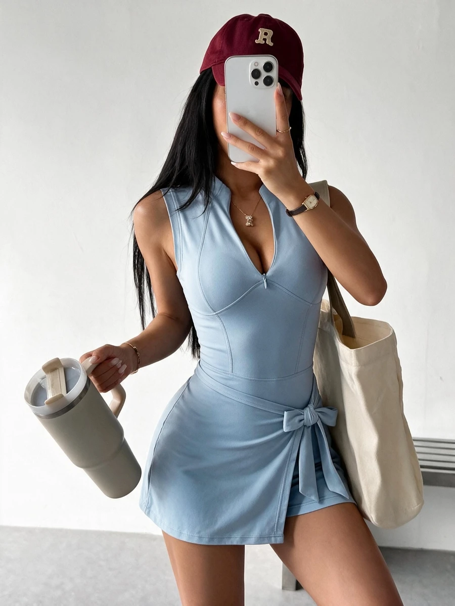 SHEIN Dewbera Women's Solid Color Casual Sexy Daily Wear Sports Dress Workout Tennis Light Blue Summer - Blue - View 1