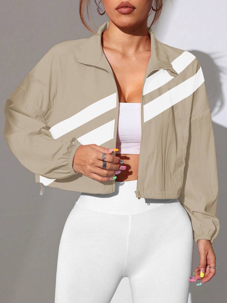 Dewbera Dewbera Colorblock Full Zip Drawstring Hem Sports Jacket, Spring/Autumn - Khaki - View 4