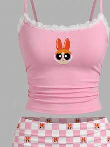 THE POWERPUFF GIRLS X SHEIN SHEIN ICON 两件套蕾丝边褶皱吊带背心和印花短裤套装，适合夏季穿着 - 彩色 - 查看 5