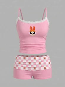 THE POWERPUFF GIRLS X SHEIN SHEIN ICON 两件套蕾丝边褶皱吊带背心和印花短裤套装，适合夏季穿着 - 彩色 - 查看 6
