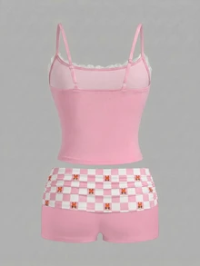 THE POWERPUFF GIRLS X SHEIN SHEIN ICON 两件套蕾丝边褶皱吊带背心和印花短裤套装，适合夏季穿着 - 彩色 - 查看 2