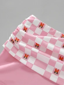 THE POWERPUFF GIRLS X SHEIN SHEIN ICON 两件套蕾丝边褶皱吊带背心和印花短裤套装，适合夏季穿着 - 彩色 - 查看 4