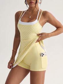 Dewbera Dewbera Spring Summer Women's Sports Dress, White Polka Dot Pale Yellow Print, Color Block, 2 In 1, Halter Neck, Detachable Shorts Pockets, Gym Tennis Golf - Yellow - View 8