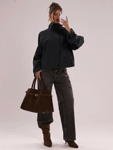 SHEIN BAE 女款素色休閒百搭日常長袖外套 - 黑色 - 查看 3