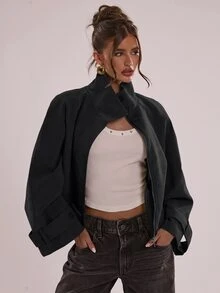 SHEIN BAE 女款素色休閒百搭日常長袖外套 - 黑色 - 查看 7