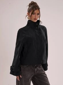 SHEIN BAE 女款素色休閒百搭日常長袖外套 - 黑色 - 查看 5